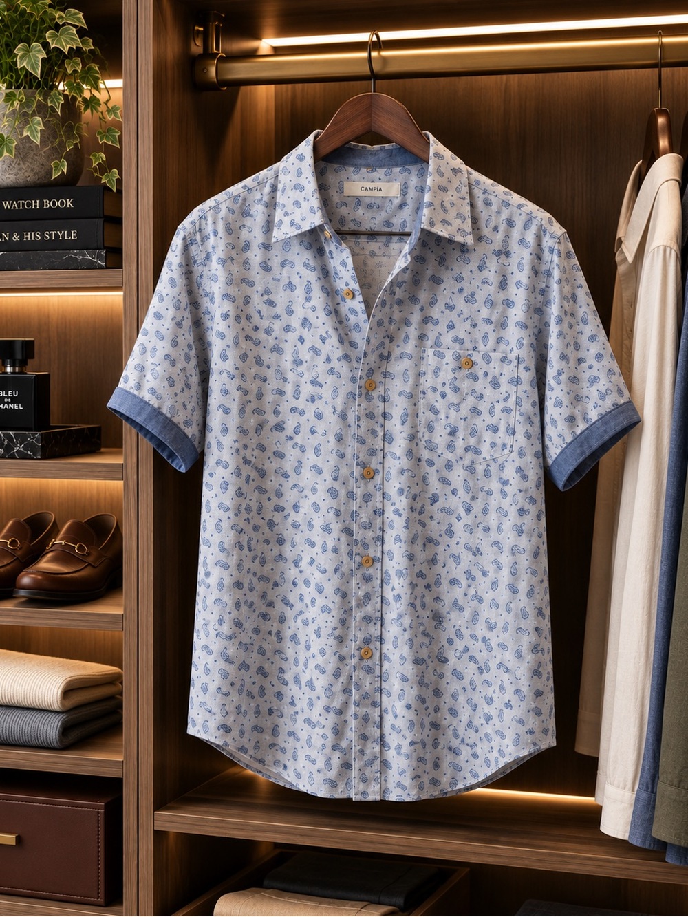 Campia Men’s Blue Paisley Short Sleeve Button-Up Shirt